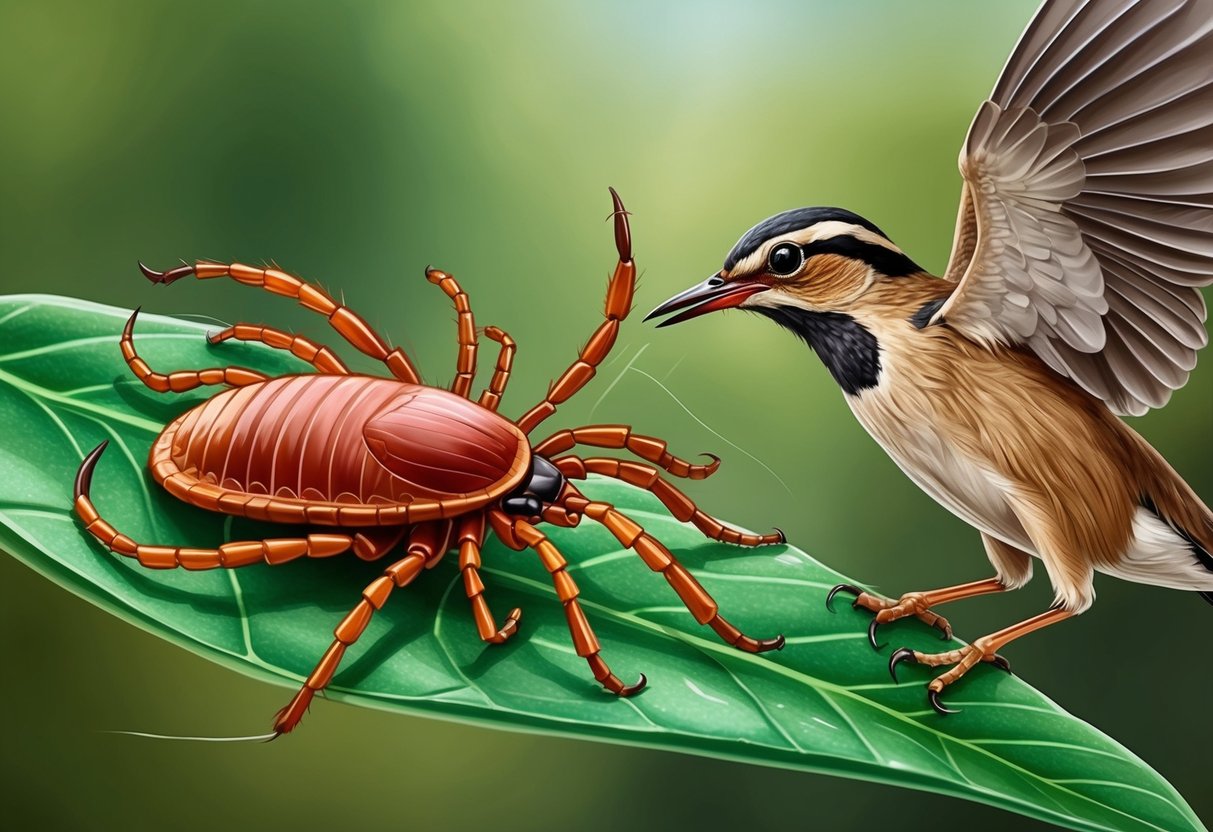 A tick perched on a leaf, its legs outstretched as it attempts to take flight.</p><p>A bird hovers nearby, eyeing the tick with interest