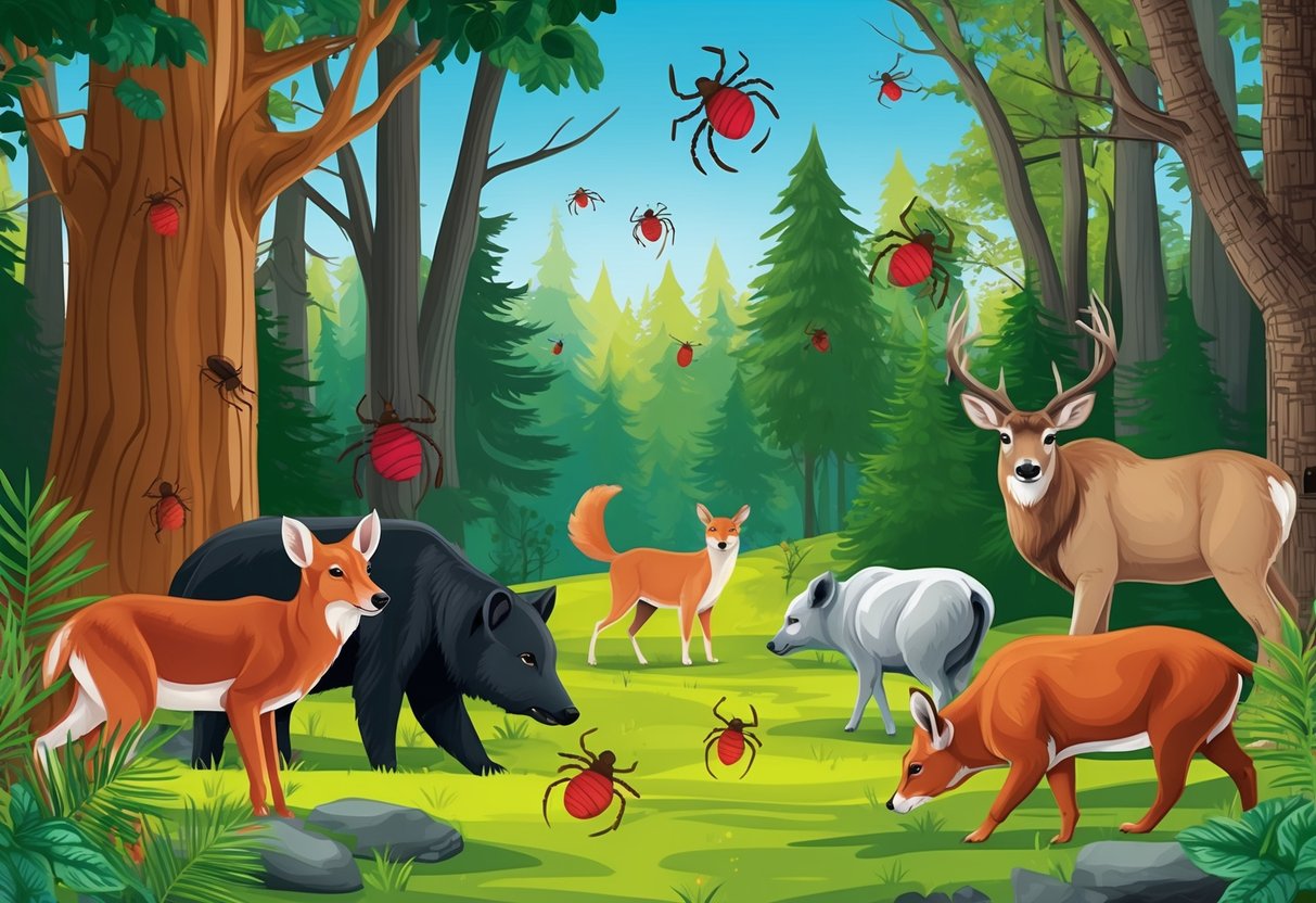 A lush forest with animals in various active seasons, ticks flying in the air