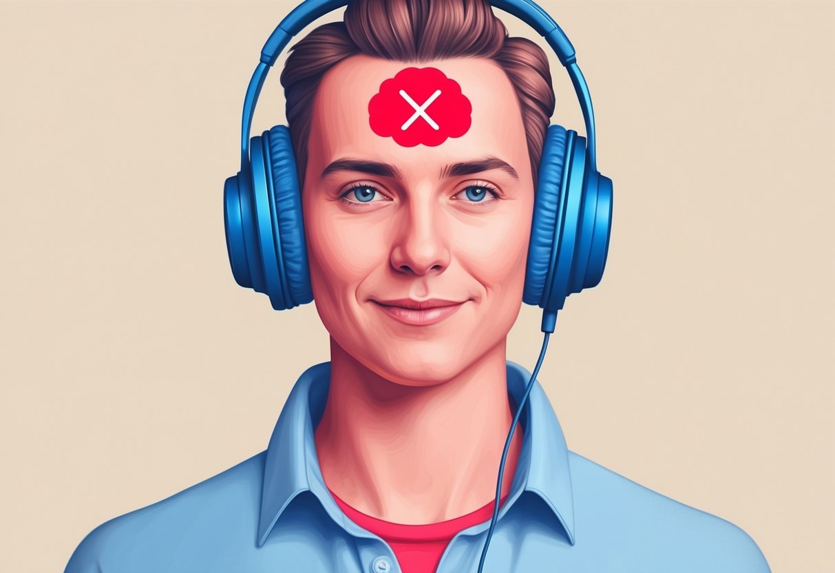 A person wearing headphones with a crossed-out brain symbol and a calm expression