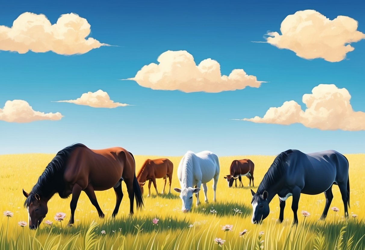 A sunny meadow with tall grass and flowers, a blue sky with fluffy clouds, and a group of animals grazing peacefully