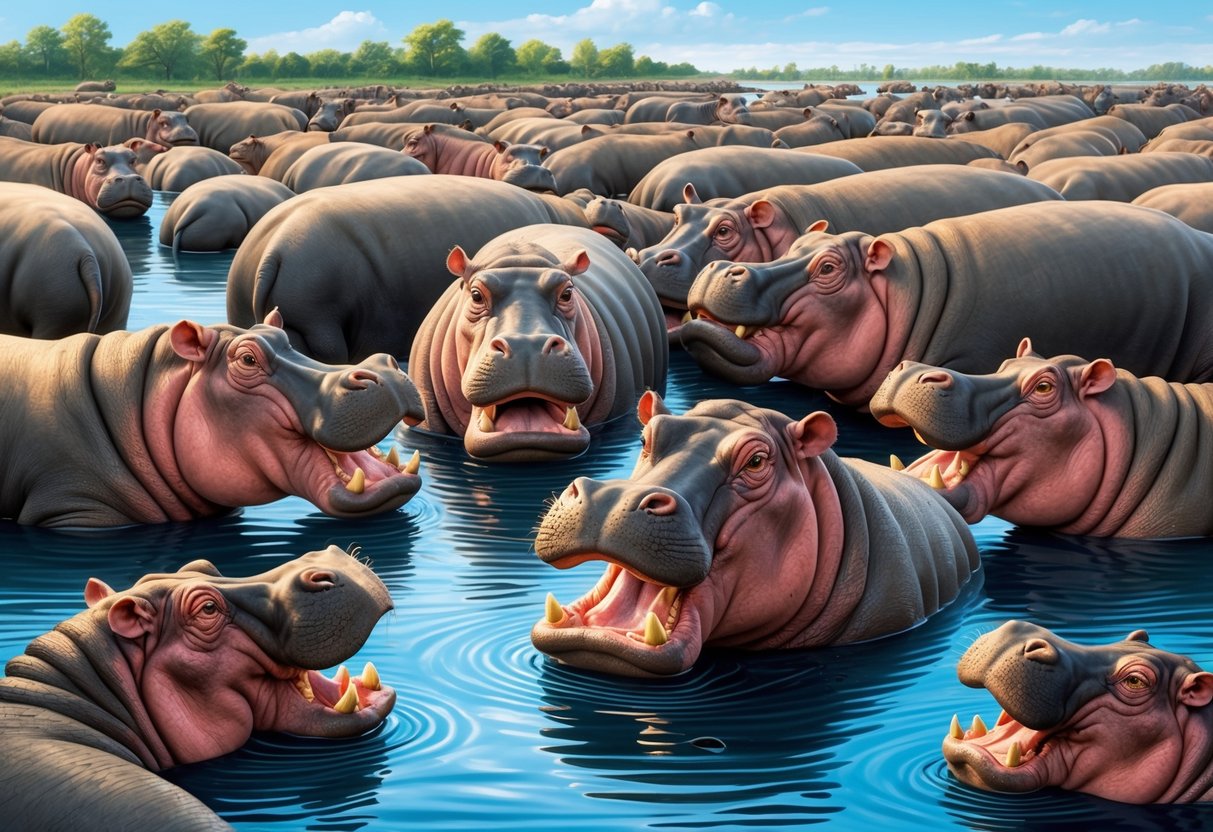 A group of hippos congregating in the water, with dominant individuals displaying aggressive postures towards subordinates