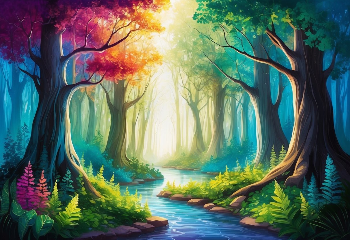 A serene forest with vibrant, swirling colors and a sense of tingling energy emanating from the trees and plants