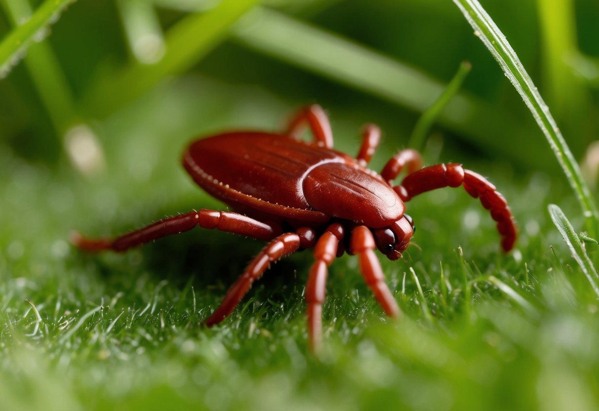 A close-up of a common tick species in a grassy area, with a focus on its body and legs