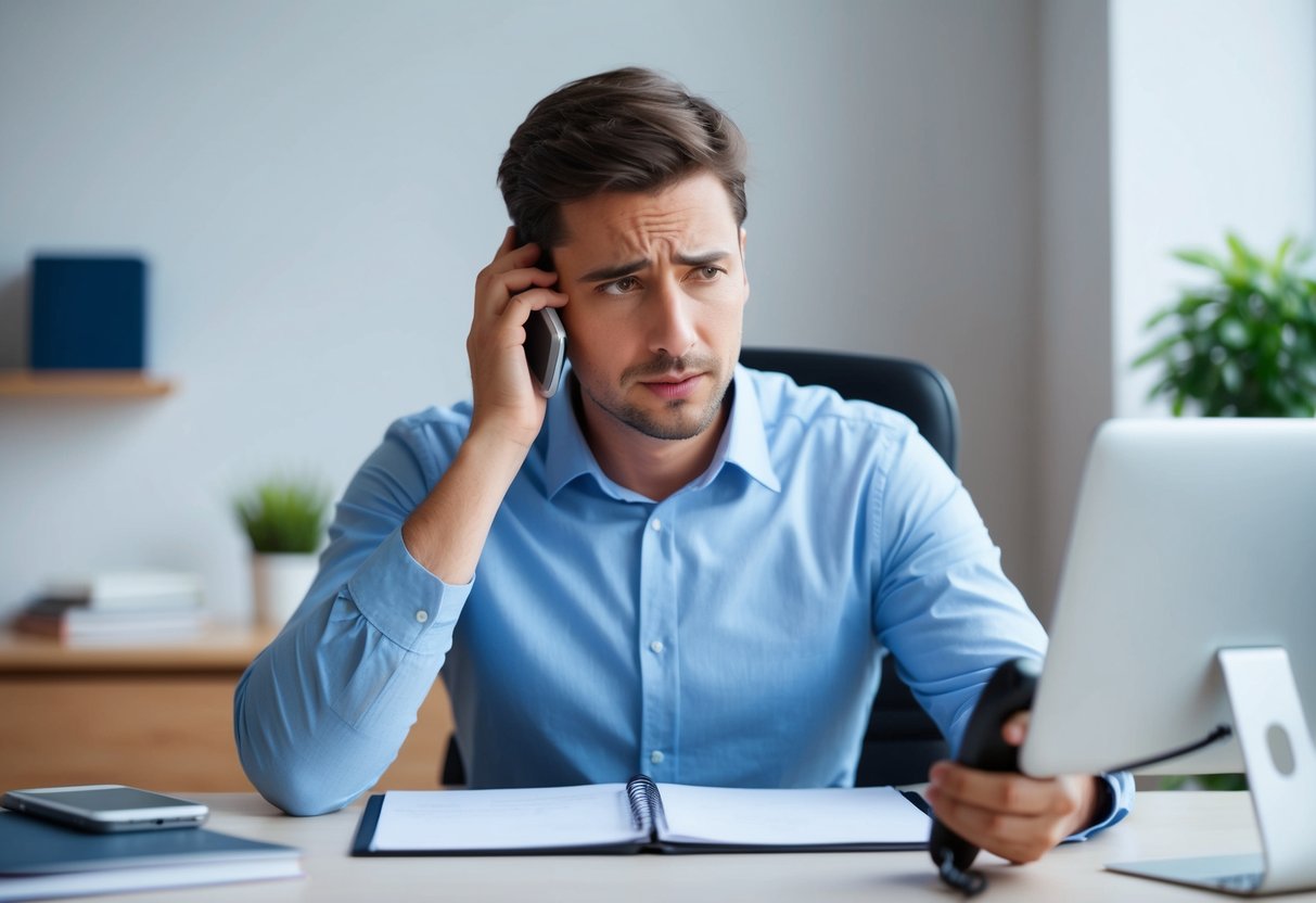 A person sitting at a desk with a concerned expression, holding their head with one hand while the other hand reaches for a phone to call for medical help