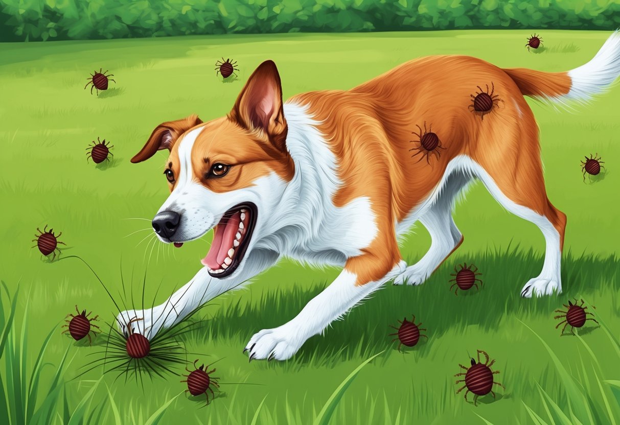 A dog scratching furiously, surrounded by ticks in a grassy yard