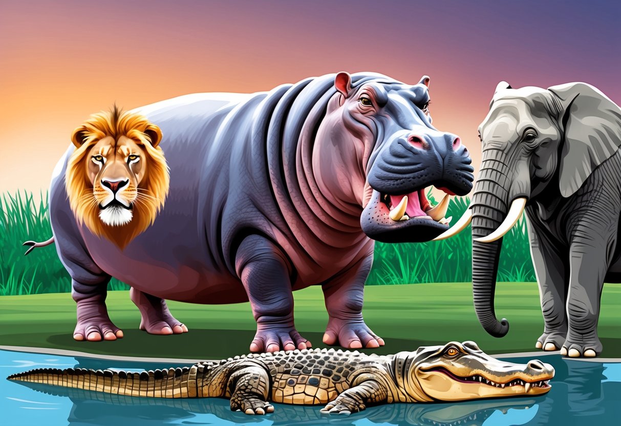 A hippo stands next to a lion, crocodile, and elephant.</p><p>Its large body and powerful jaws are emphasized, highlighting its potential danger