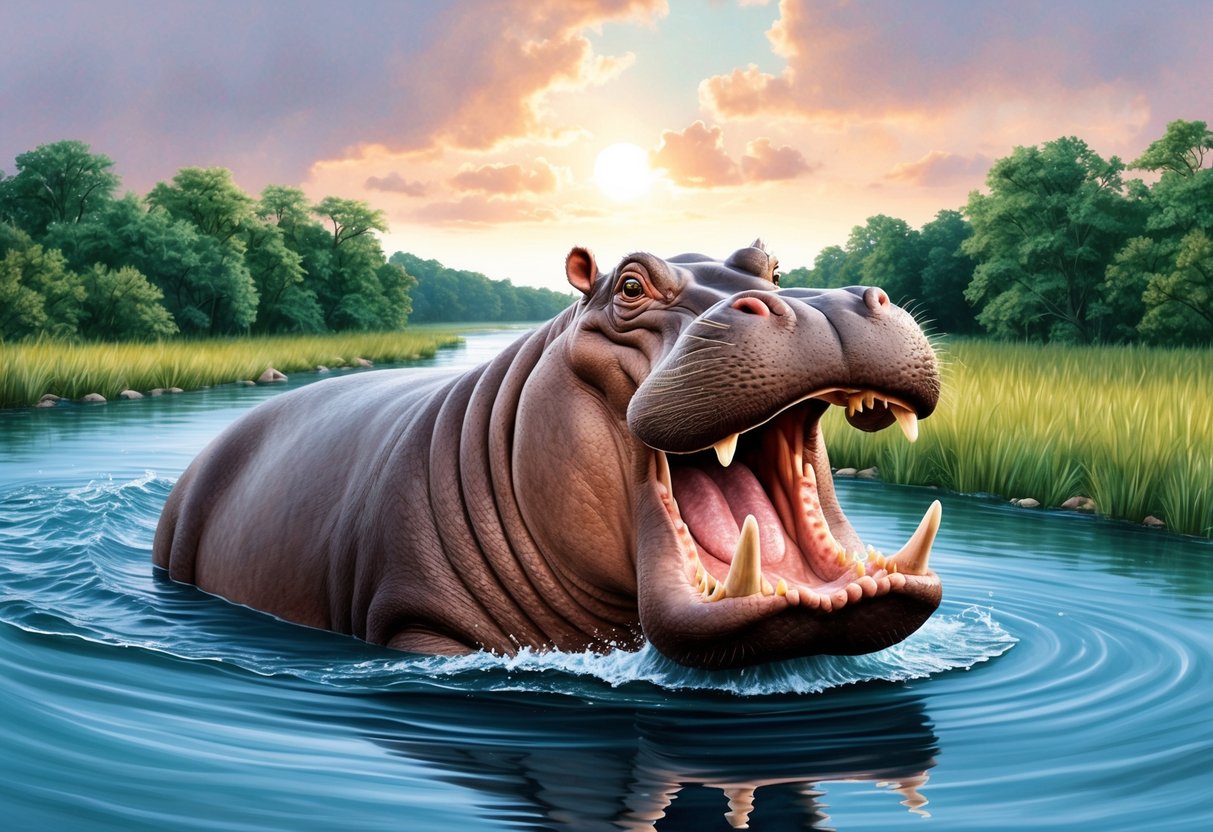 A hippopotamus emerges from a river, displaying its massive size and powerful jaws, a reminder of its dangerous potential