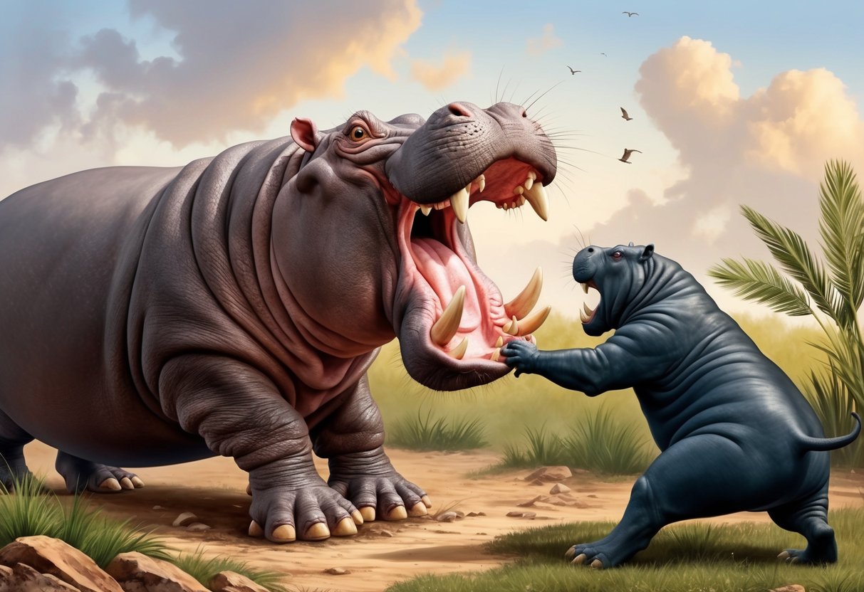 A hippo aggressively defending its territory against a rival, displaying its massive size and powerful jaws