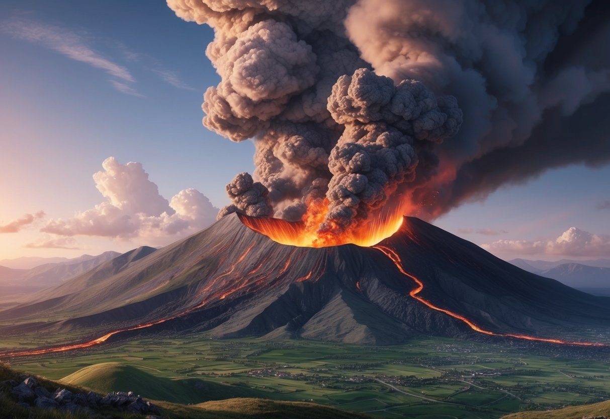 A volcanic eruption in the ancient Campi Flegrei, with billowing ash and smoke, and molten lava flowing down the mountainside