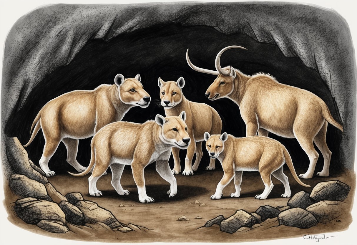 A group of prehistoric animals are depicted in a cave using charcoal and natural pigments.</p><p>The scene shows the use of stippling, hatching, and blending techniques to create depth and texture in the artwork