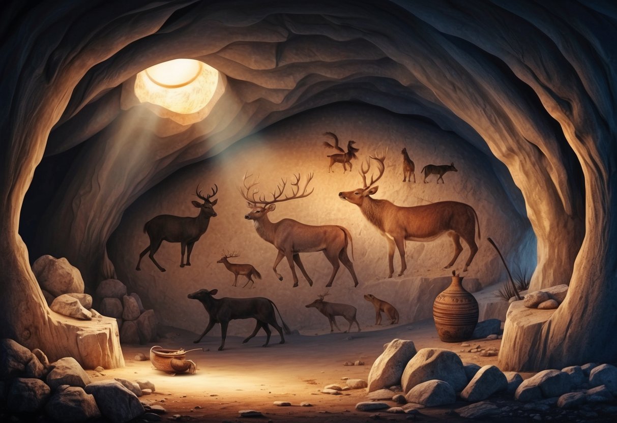 Ancient cave paintings of animals and symbols, illuminated by flickering torchlight