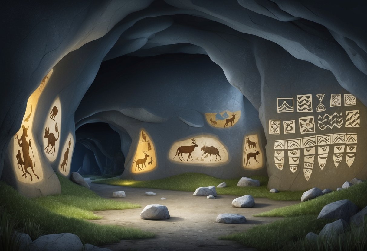 A dimly lit cave with various prehistoric drawings and paintings on the walls, depicting animals, hunting scenes, and geometric patterns, showcasing the chronology and dating of cave art