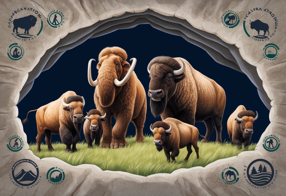 A group of animals, including mammoths and bison, are depicted in a cave painting.</p><p>The animals are surrounded by symbols representing conservation efforts