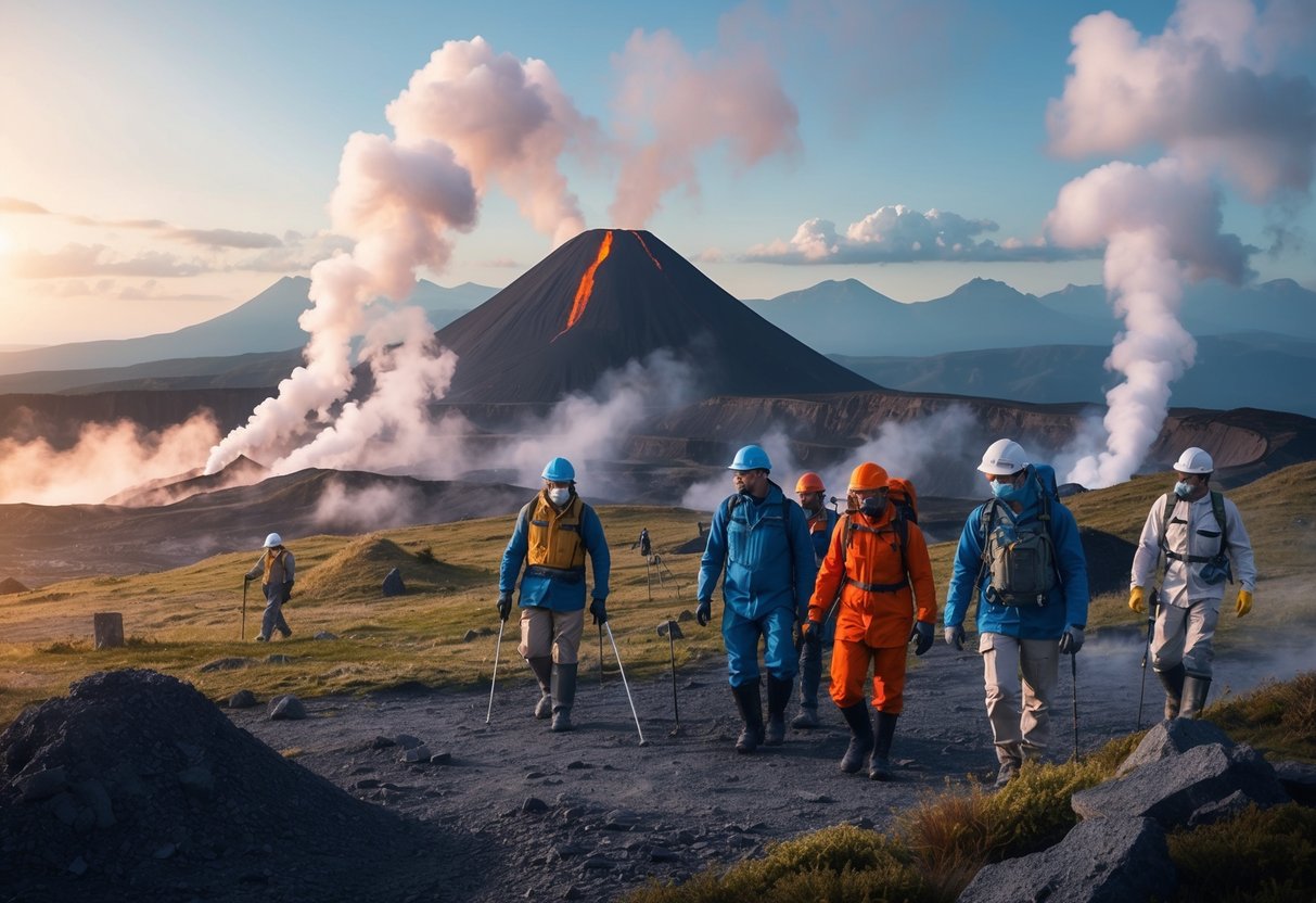 A team of scientists explore the volcanic landscape of Campi Flegrei, with steam rising from the ground and distant mountains in the background