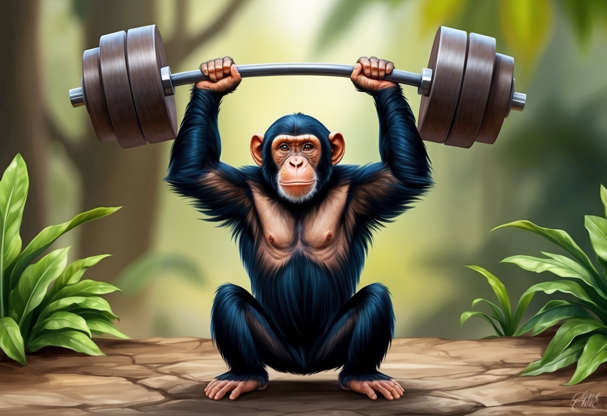 A chimpanzee effortlessly lifts a heavy object, showcasing its immense strength and power output