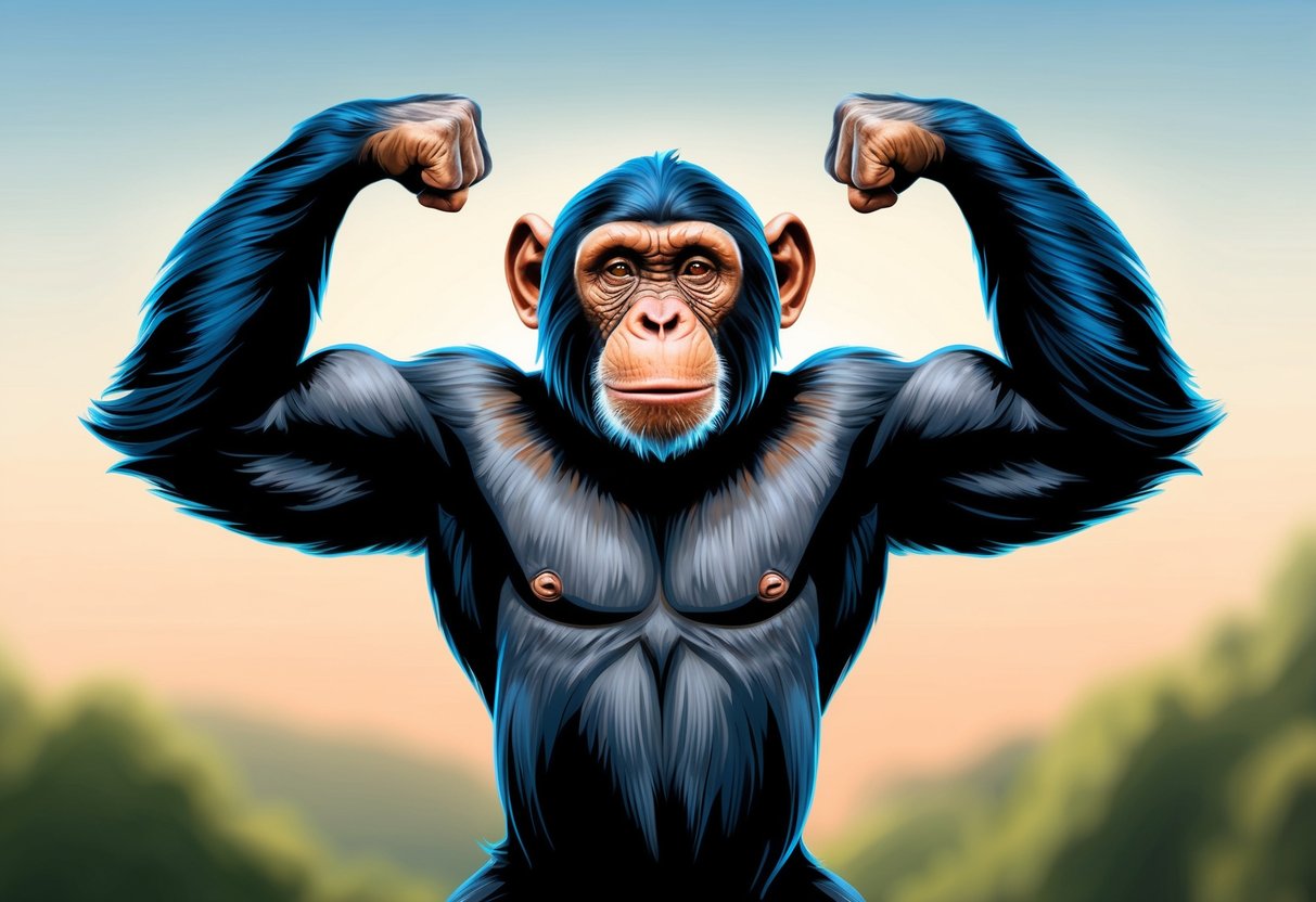 A chimpanzee standing tall, flexing its muscles with a confident expression