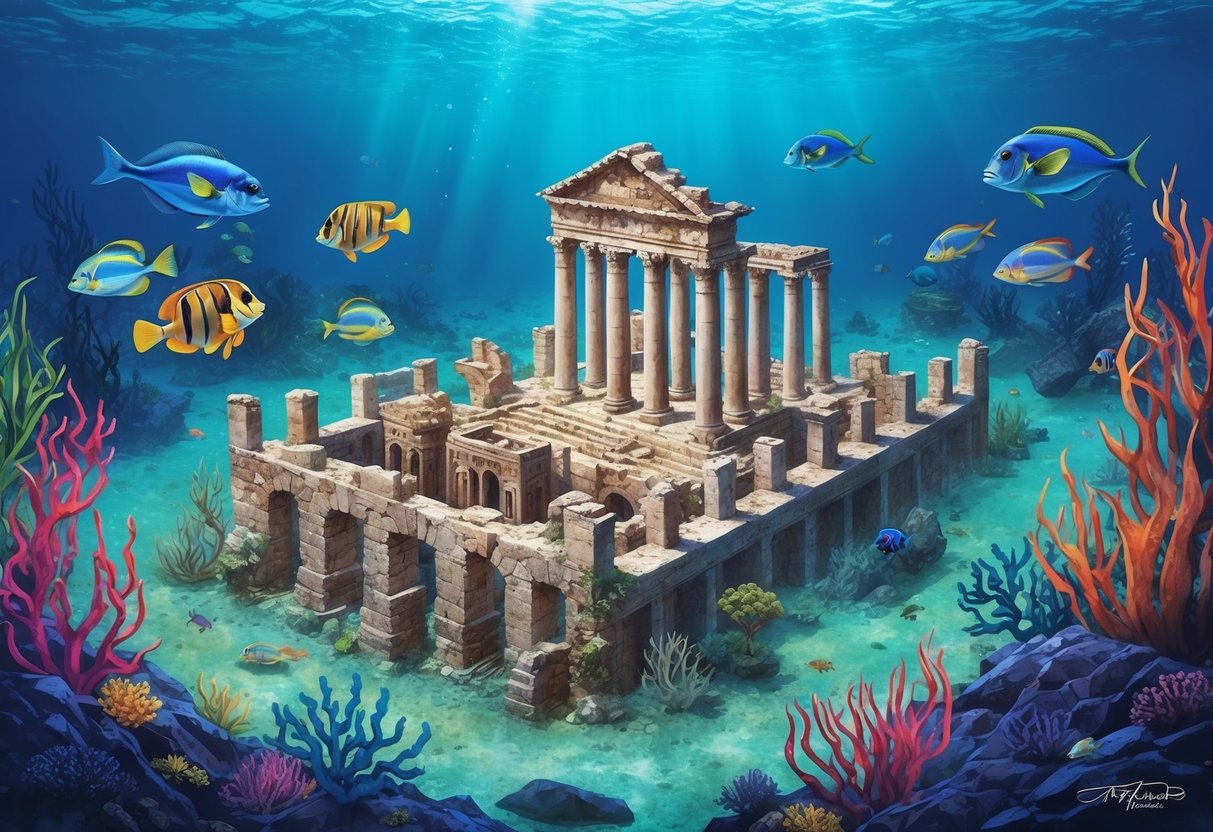 A sunken city with ancient ruins, surrounded by colorful marine life and underwater vegetation