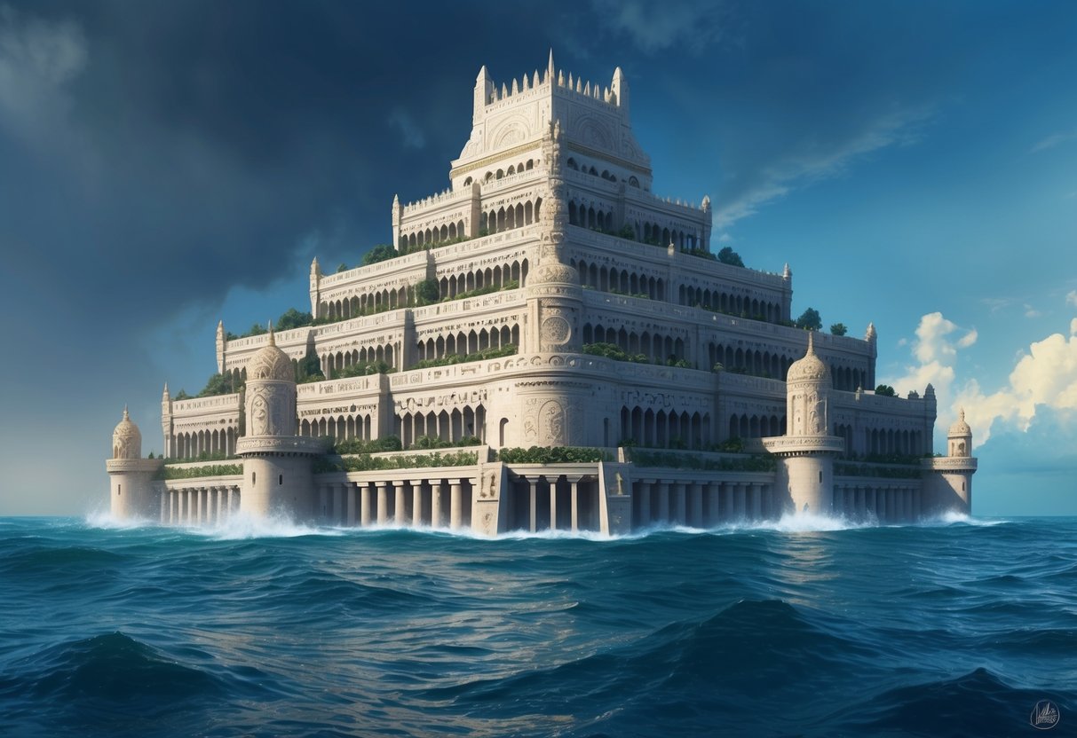 The grand city of Atlantis rises from the depths, its architecture adorned with intricate carvings and symbols reflecting its rich cultural and historical heritage