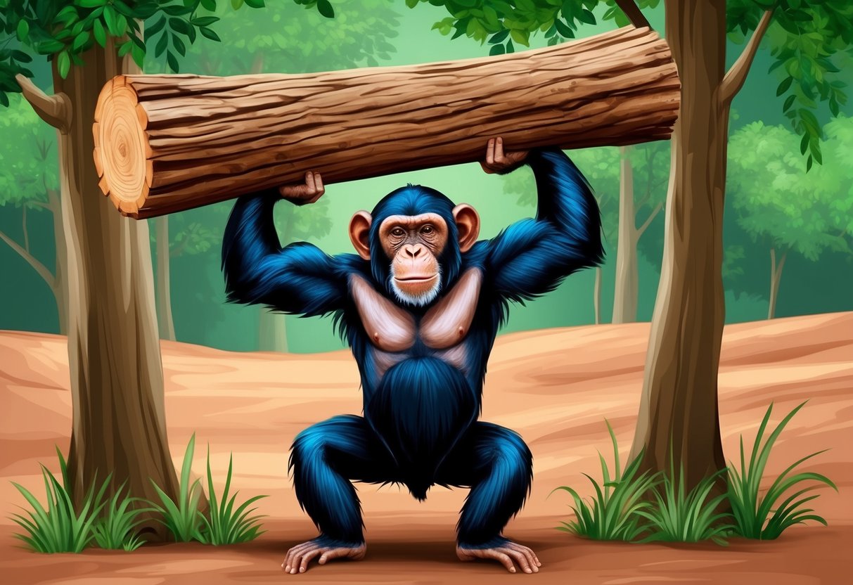 A chimp effortlessly lifts a heavy log, showcasing its impressive muscle performance