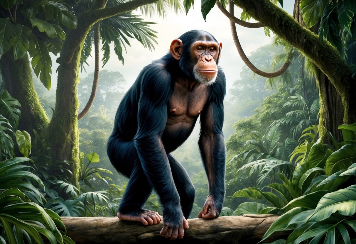 A chimp stands tall, gazing out over a lush jungle, its powerful form exuding strength and determination