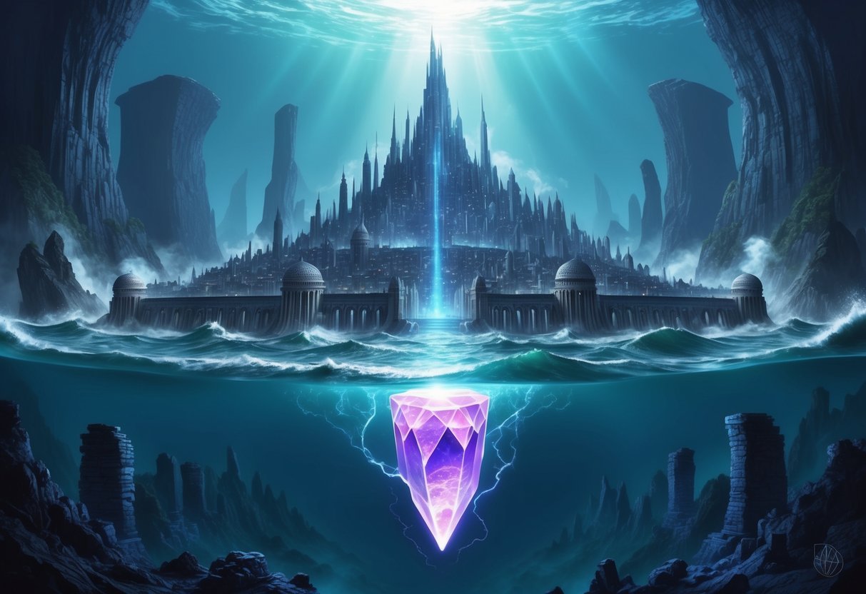 A grand city rises from the ocean depths, surrounded by towering cliffs and mysterious ruins.</p><p>A glowing crystal at its center emanates an otherworldly energy