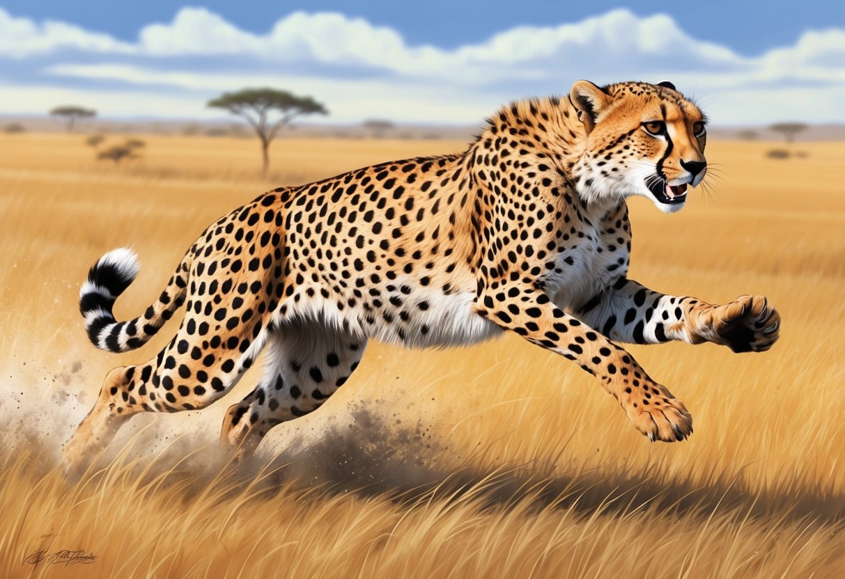 A cheetah sprinting across the savannah at remarkable speed