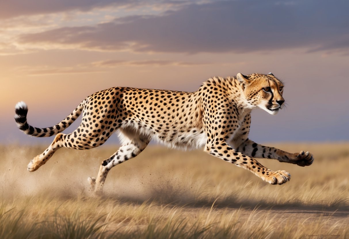 A cheetah runs at top speed across the African savannah, its streamlined body and long legs propelling it forward at 70 miles per hour