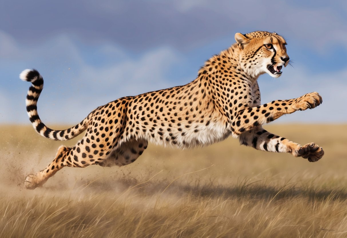 A cheetah sprinting at top speed to chase down prey on the open savannah