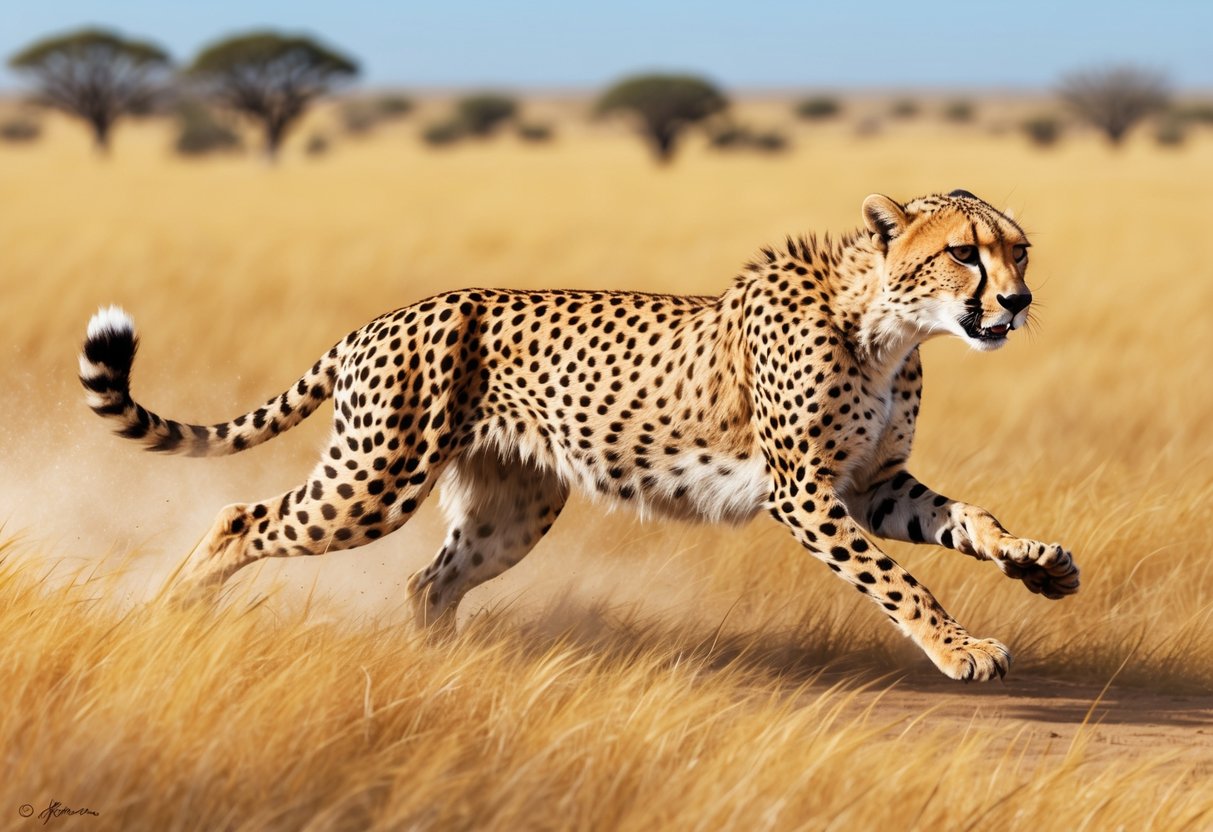 A cheetah sprinting across the savannah, its sleek body blending into the golden grass as it reaches top speed of 70 miles per hour