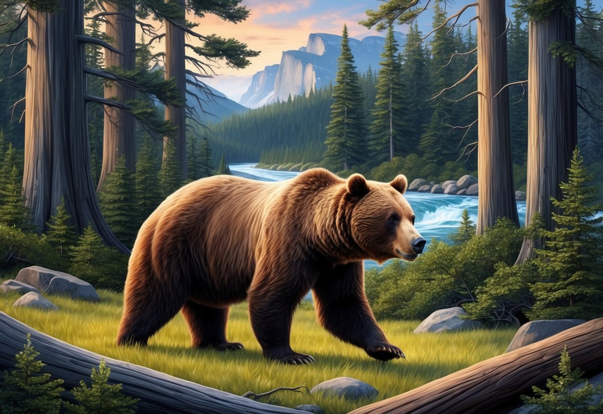 A bear roaming through a dense forest, with towering trees and a flowing river in the background