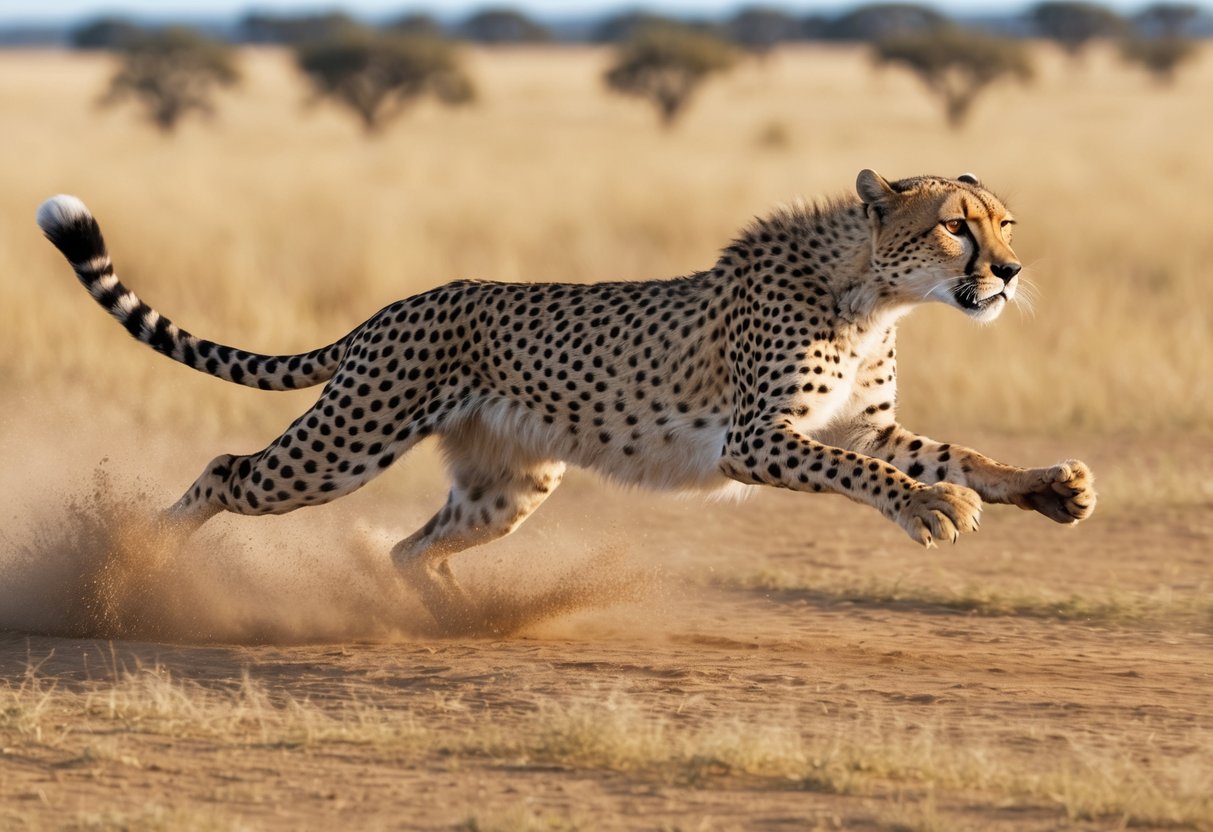 A cheetah sprinting at top speed across the savanna, its sleek body stretched out as it reaches speeds of 70 miles per hour