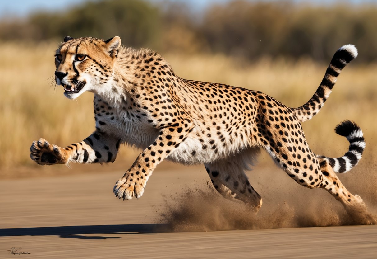 A cheetah running at top speed, with long strides and powerful muscles, showcasing its impressive speed and agility