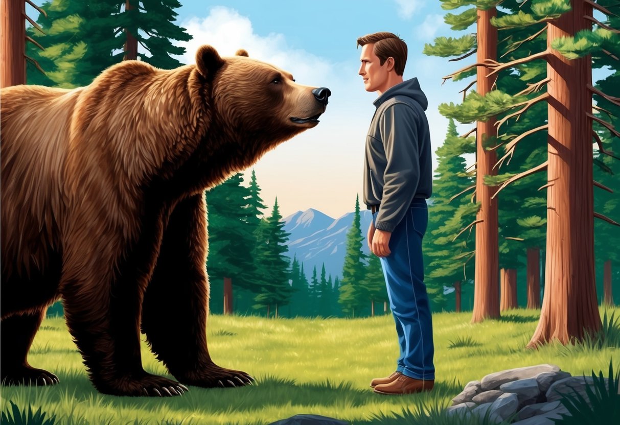 A bear and a human standing face to face in a forest clearing