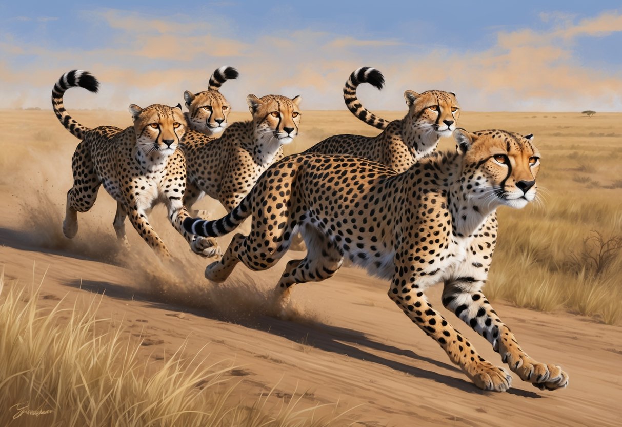 A group of cheetahs sprinting across the savanna, their sleek bodies reaching speeds of 70 miles per hour