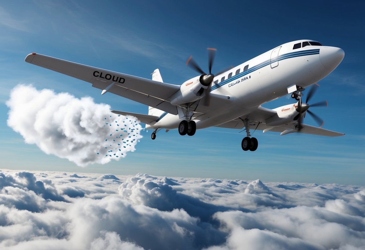 A cloud seeding aircraft releasing chemicals into a cloud-filled sky