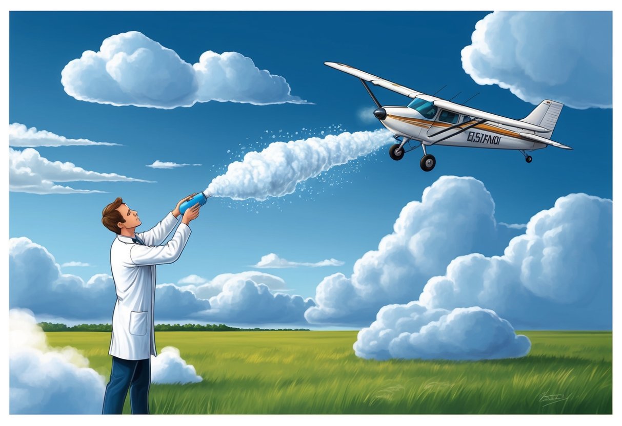 A scientist releasing cloud seeding chemicals into the atmosphere from a small aircraft