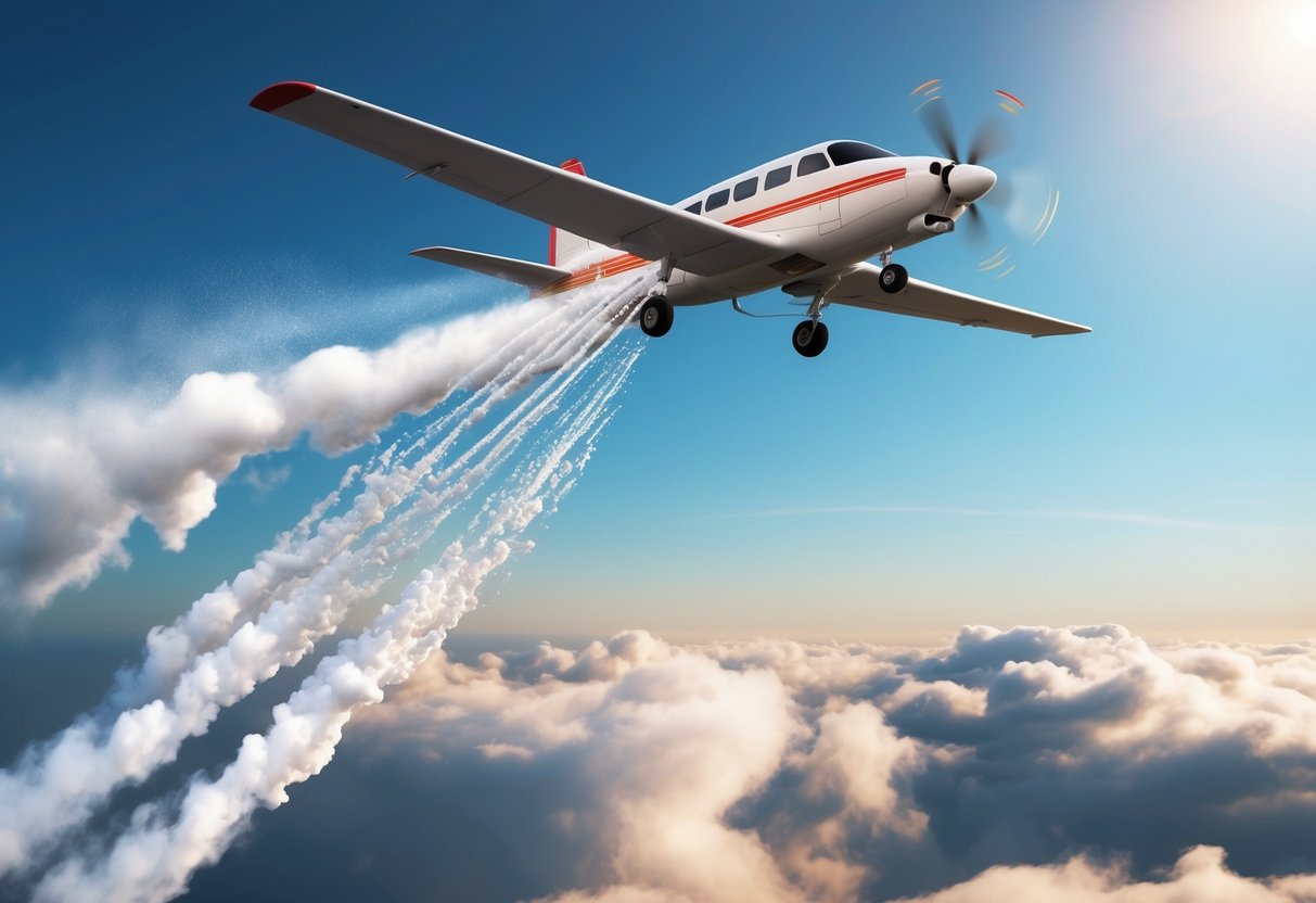 Cloud seeding chemicals being dispersed from a plane into the atmosphere, with the technology and machinery visible