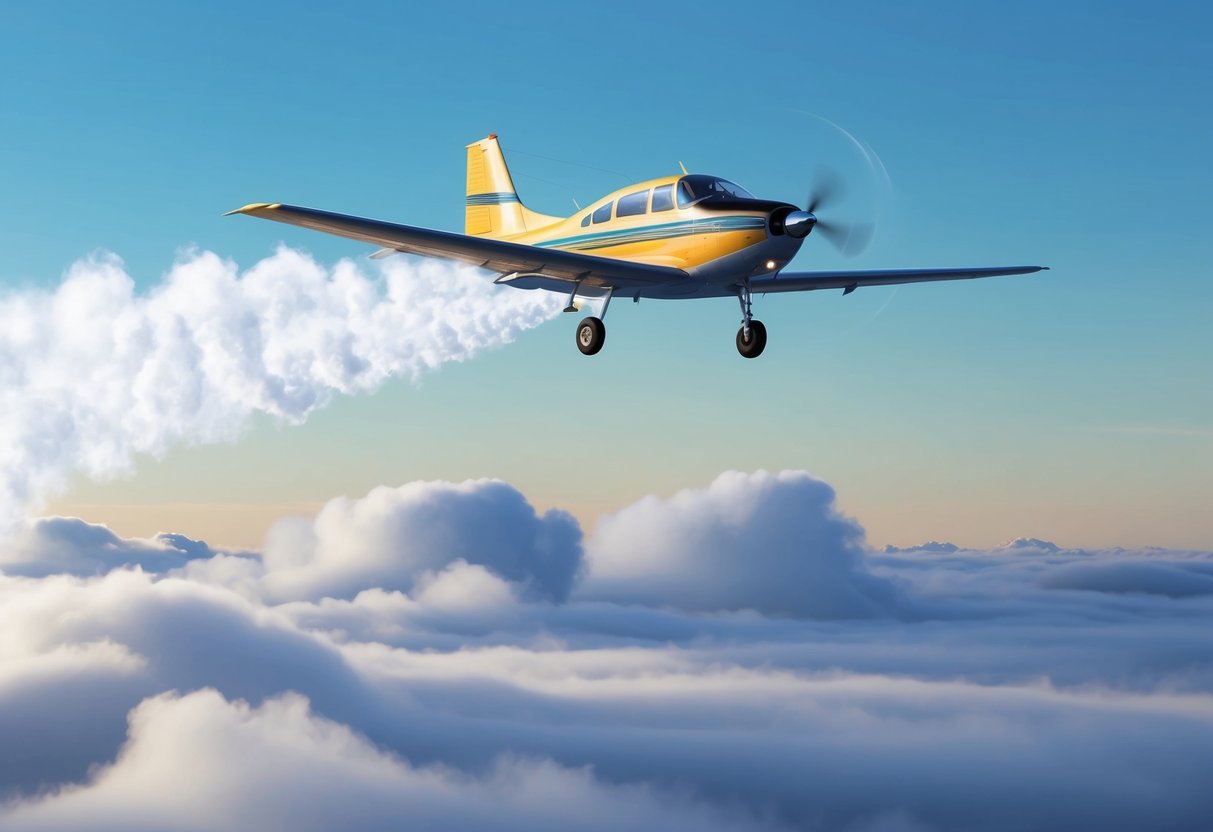 A plane disperses cloud seeding chemicals into the sky, creating a misty trail behind it as the chemicals disperse into the atmosphere