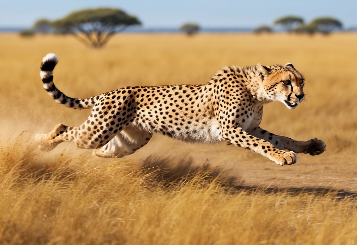 A cheetah sprints at top speed across the savanna, its sleek body and distinctive spots blending into the golden grass as it reaches incredible speeds