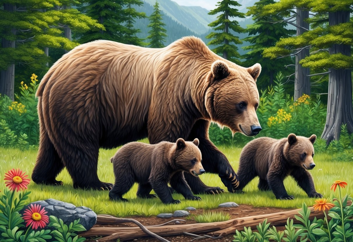 A bear sow nurses her cubs in a forest clearing, surrounded by lush greenery and vibrant wildflowers.</p><p>The cubs playfully explore their environment while the mother watches protectively