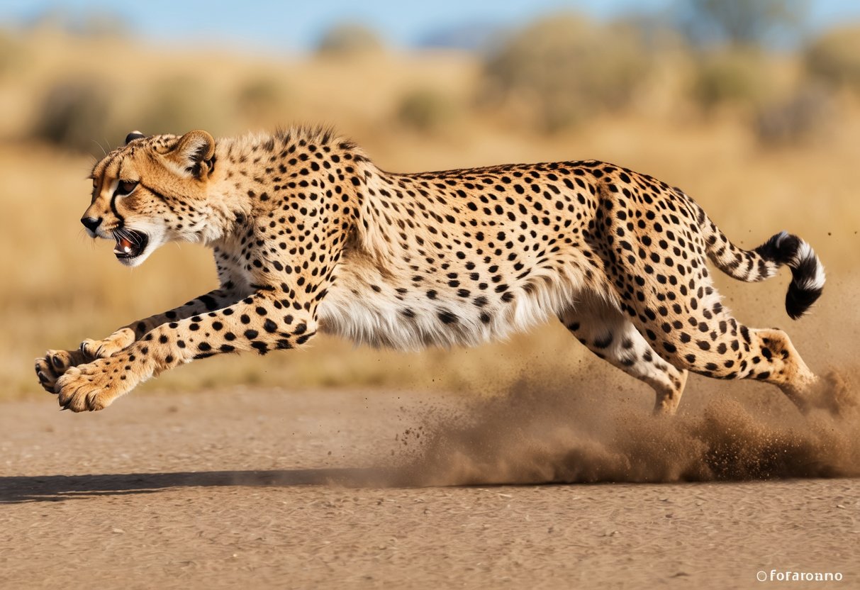 A cheetah running at top speed, displaying behavioral traits and communication through body language and vocalizations