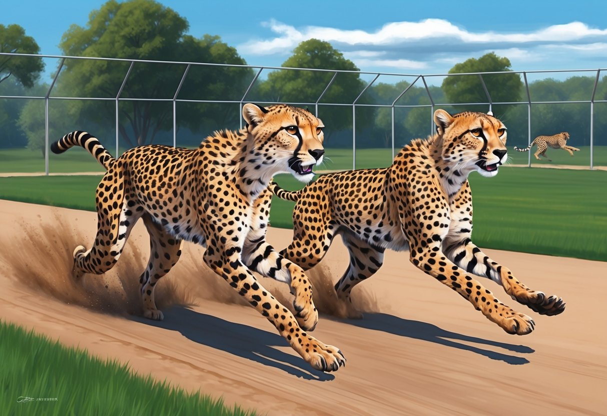 Cheetahs sprinting at top speed in a spacious enclosure, with a backdrop of trees and open sky