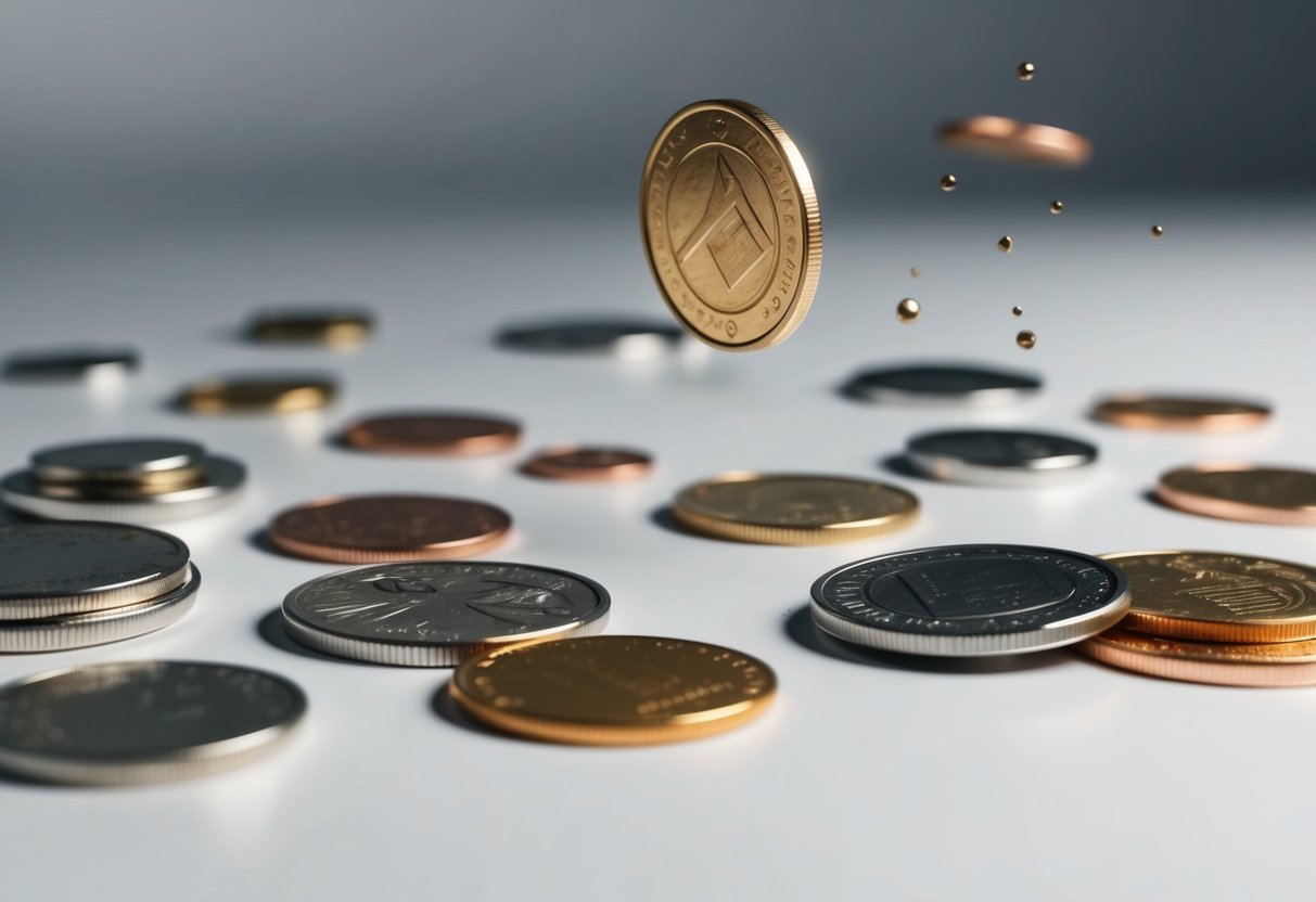 Various coins of different sizes and materials scattered on a flat surface, with one coin mid-air in the midst of being tossed