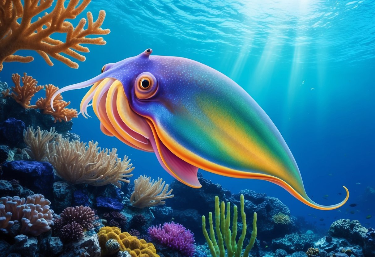 A cuttlefish gracefully swims among vibrant coral and sea plants in a crystal-clear ocean, its mesmerizing skin changing colors to blend in with its surroundings