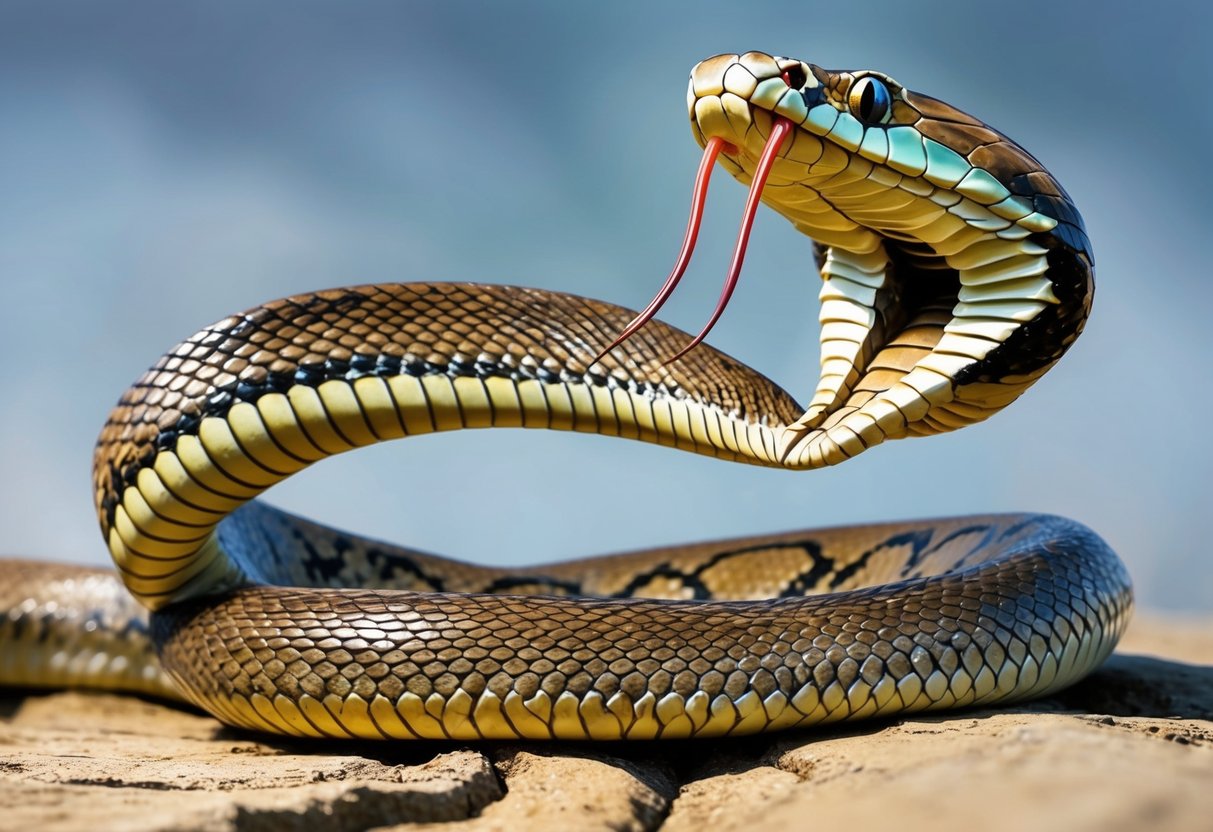 A cobra snake poised to strike, hood flared, scales glistening in the sunlight