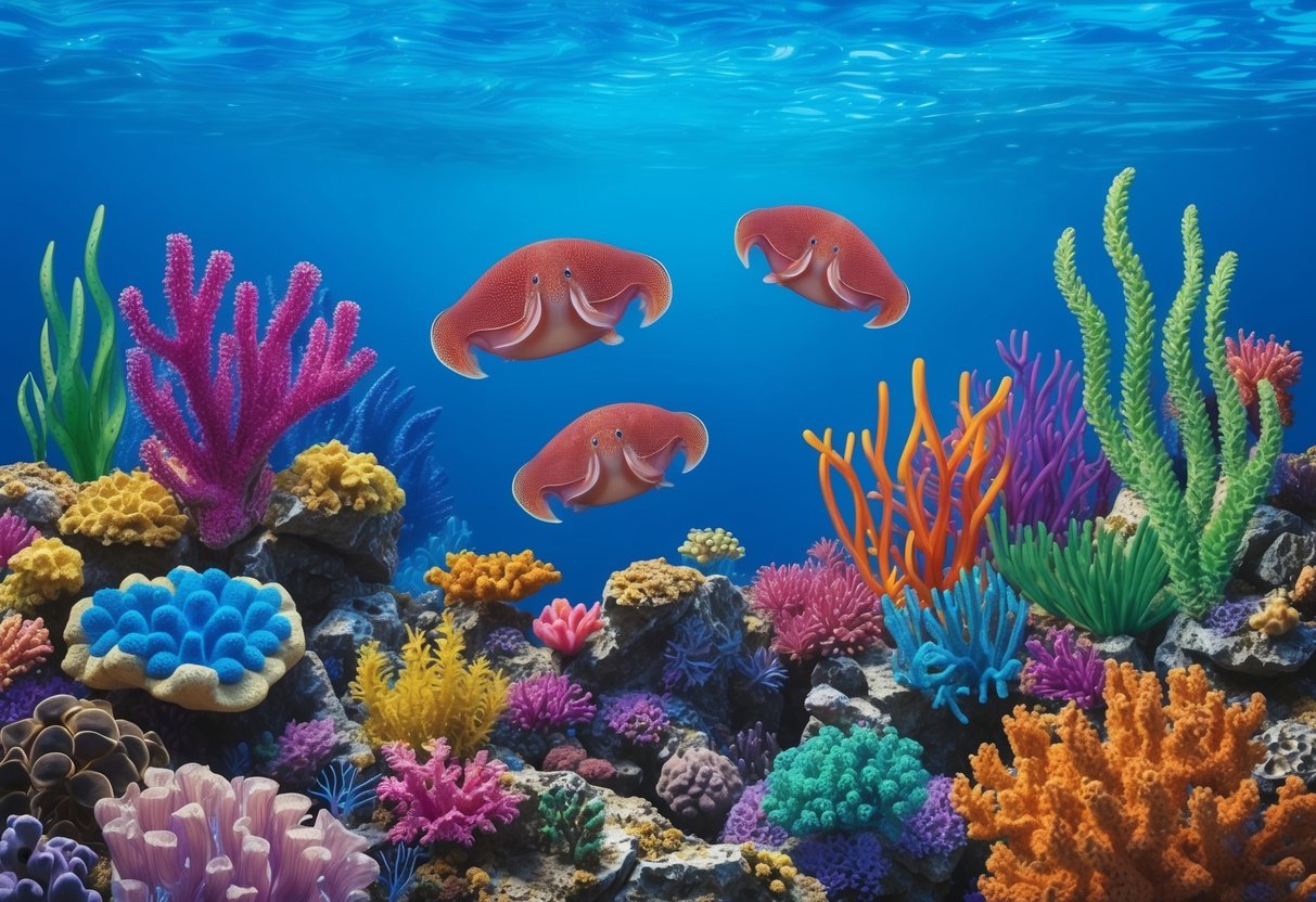 A colorful coral reef with cuttlefish swimming among the vibrant plants and rocks, surrounded by clear, blue water