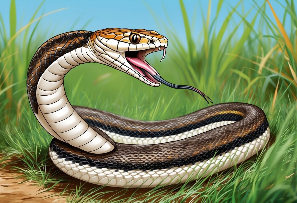 A cobra snake slithers through the grass as it hunts for its next meal, its tongue flicking out to taste the air