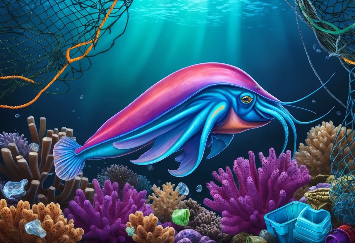 A colorful cuttlefish swims among vibrant coral, surrounded by plastic debris and fishing nets