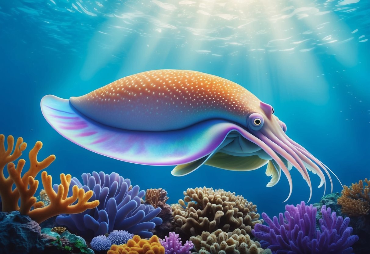 A cuttlefish gracefully glides through colorful coral, its iridescent skin shimmering in the dappled sunlight filtering through the water