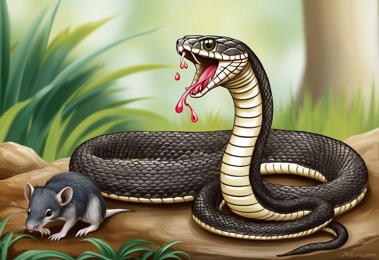 A cobra snake hissing with venom dripping from its fangs, while a small animal nearby shows signs of paralysis